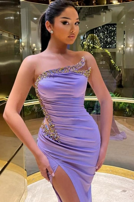 Fabulous Long Lilac Strapless Beading Mermaid Satin Prom Dress With Slit