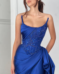 Fabulous Long Royal Blue Sleeveless Sequined Beading Prom Dress With Ruffles