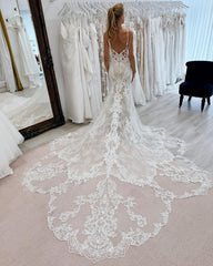 Fabulous Mermaid Tulle Lace Spaghetti Straps Sleeveless White Wedding Dresses With Appliques Train