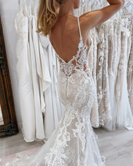 Fabulous Mermaid Tulle Lace Spaghetti Straps Sleeveless White Wedding Dresses With Appliques Train