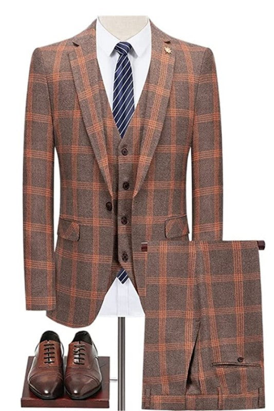 Fancy Deep Gray and Reddish Brown Plaid Slim Fit Business Suit for Men