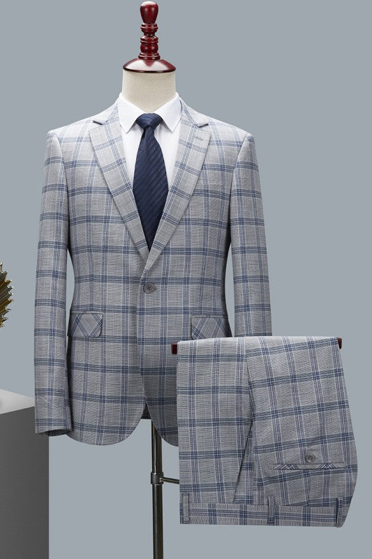 Fancy Gray Plaid Two-Piece Notched Lapel Business Suit for Men