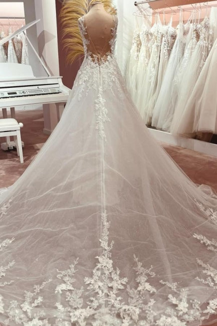 Fashion Long A-line V-neck Lace Tulle Wedding Dress with Train