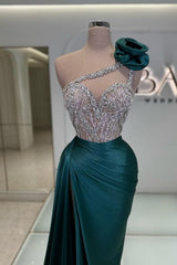 Fashion Long Dark Green One Shoulder Jewel Sleeveless Prom Dress