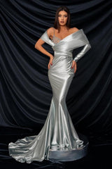 Fashion Long Silver Mermaid Off-the-shoulder Lace Prom Dress With Long Sleeve