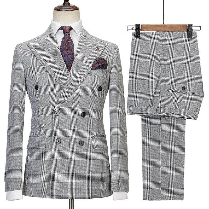 Fashionable Dark Grey Double Breasted Plaid Close Fitting Men’s Suit