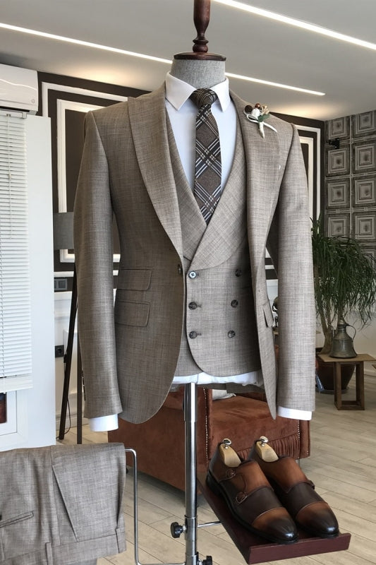 Felix Taupe Slim Fit Three-Piece Peaked Lapel Business Suit