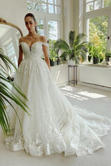 Floor-Length A-Line Sweetheart Off-The-Shoulder Tulle Appliques Wedding Dresses with Lace