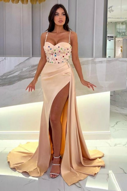 Floor-Length Champagne Sweetheart Stain Beadings Spaghetti Straps Prom Dresses with Split