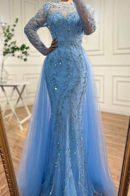 Floor-Length Mermaid Tulle Long Sleeves Beadings Ocean Blue Prom Dresses with Appliques