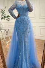 Floor-Length Mermaid Tulle Long Sleeves Beadings Ocean Blue Prom Dresses with Appliques