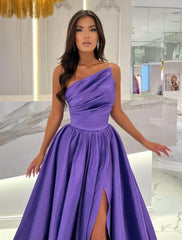 Floor-Length Stain A-Line One Shoulder Split Front Sleeveless Prom Dresses with Ruffles