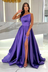 Floor-Length Stain A-Line One Shoulder Split Front Sleeveless Prom Dresses with Ruffles