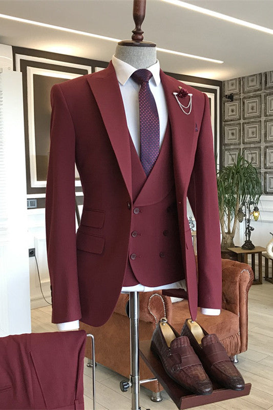 Ford Elegant Burgundy Peaked Lapel Three-Piece Prom Suit