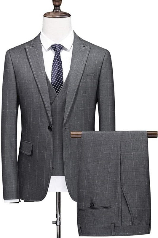 Formal Black Plaid Three-Piece Peaked Lapel Men's Business Suit