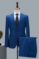 Formal Deep Blue Plaid Notched Lapel Two-Piece Men's Business Suit