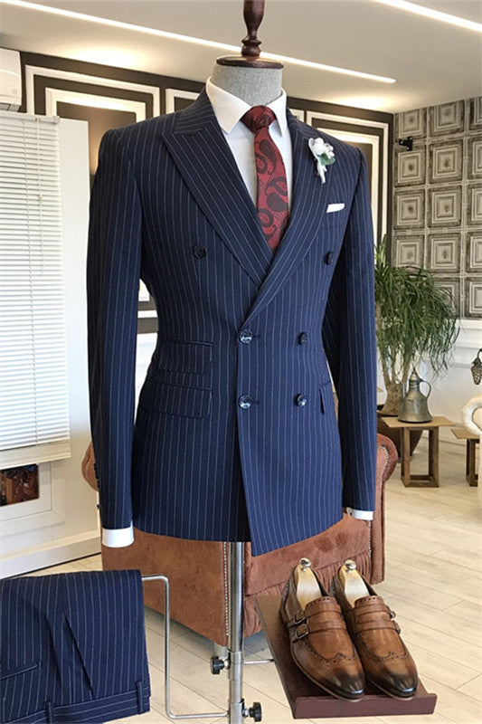 Freddie Fancy Deep Blue Striped Double-Breasted Peaked Lapel Business Suit