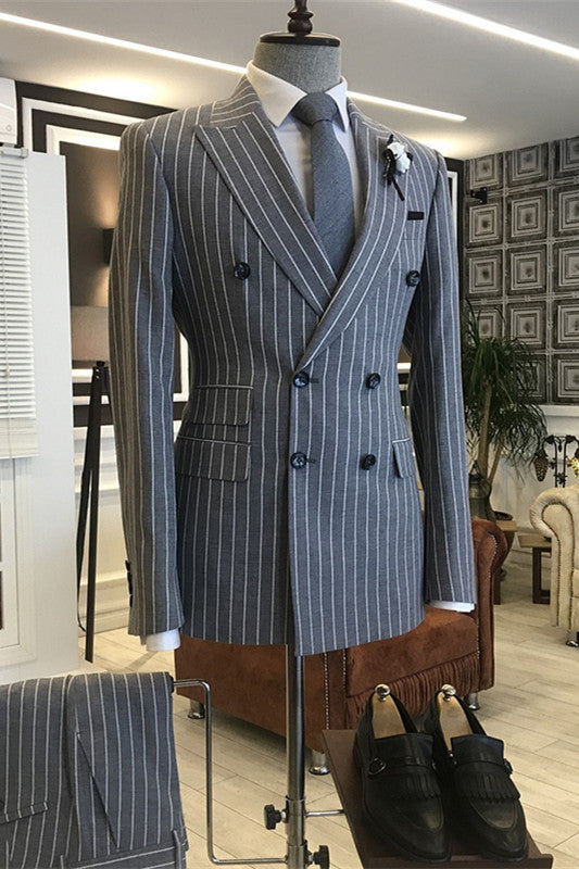 Frederick Deep Gray Striped Peaked Lapel Double-Breasted Formal Suit