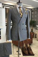 Gabriel Fancy Gray Double-Breasted Striped Peaked Lapel Business Suit