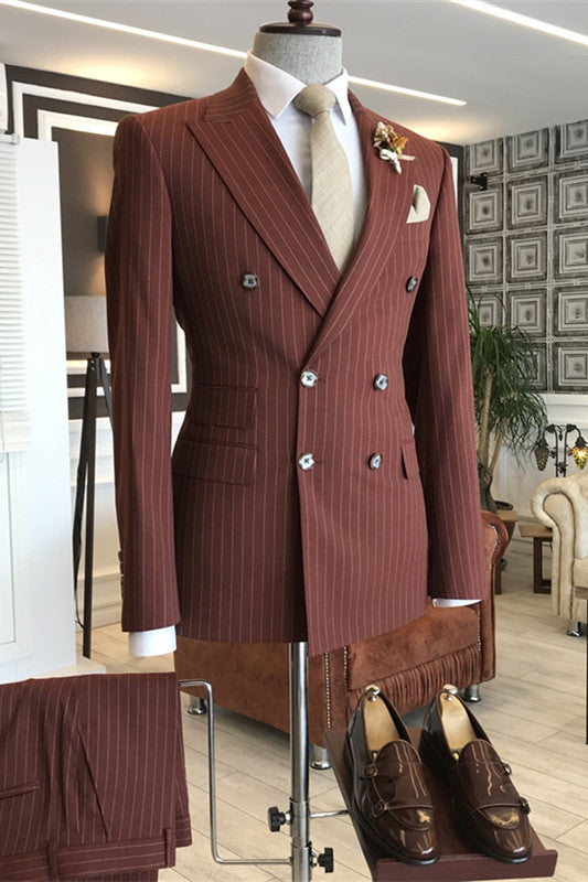 Gale Chic Deep Red Double-Breasted Striped Peaked Lapel Business Suit