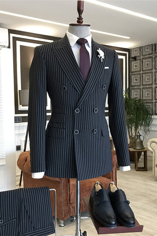 Gary Formal Navy Blue Striped Double-Breasted Peaked Lapel Business Suit