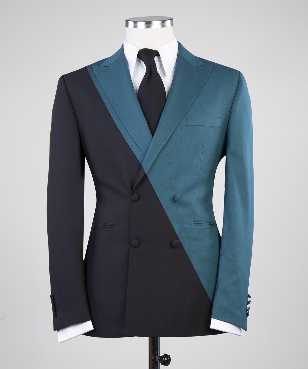 Gerry Modern Dusty Blue and Black Double-Breasted Prom Suit with Peaked Collar