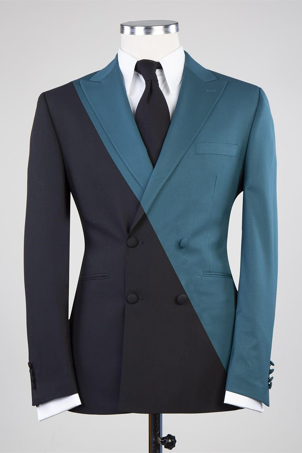 Gerry Modern Dusty Blue and Black Double-Breasted Prom Suit with Peaked Collar