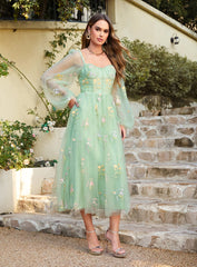 Glamorous A-line Long Sleeves Floral Ankle Length Dress