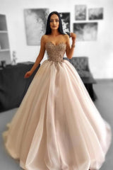 Glamorous Long A-line Beading Sleeveless Tulle Sweetheart Prom Dresses with Lace