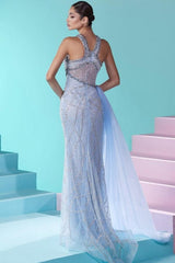 Glamorous Long Blue Mermaid Beading Sleeveless Tulle Prom Dress With Slit