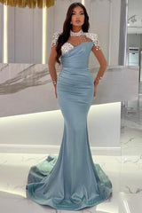 Glamorous Long Blue Mermaid High Neck Glitter Satin Prom Dress With Long Sleeves