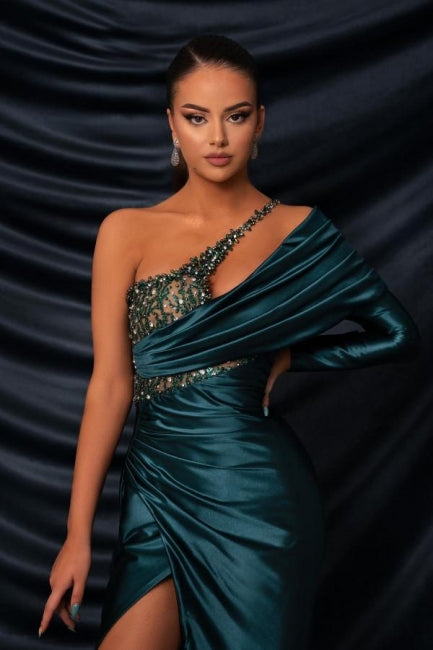 Glamorous Long Dark Green One Shoulder Beading Lace Long Sleeve Prom Dress with Slit