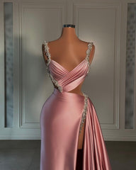 Glamorous Long Pink Straps Satin Split Front Beading Prom Dress With Ruffles