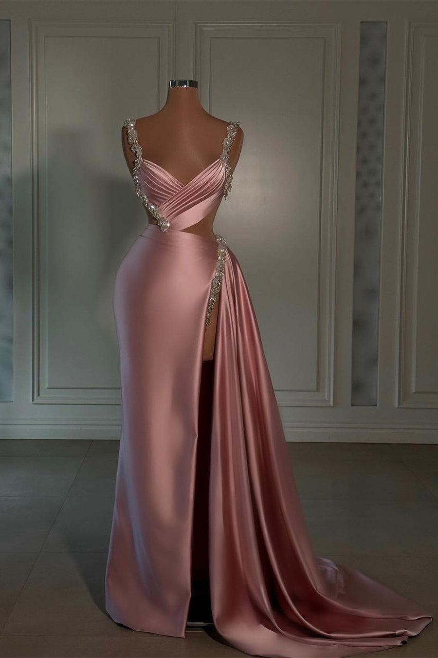 Glamorous Long Pink Straps Satin Split Front Beading Prom Dress With Ruffles