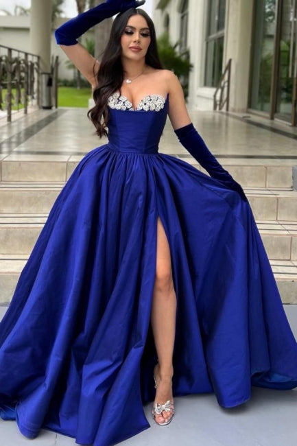 Glamorous Long Royal Blue A-line Glitter Satin Prom Dress with Slit