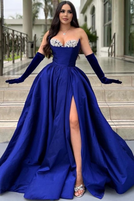 Glamorous Long Royal Blue A-line Glitter Satin Prom Dress with Slit