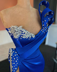 Glamorous Long Royal Blue Column One Shoulder Jewels Prom Dress With Slit