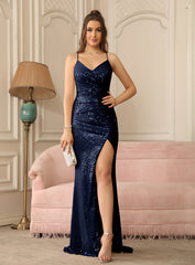 Glamorous Sexy V-Neck Glitter Sequin Floor Length Dress with Slit