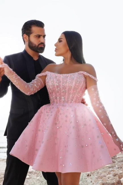 Glamorous Short Pink Cocktail Dresses Off the shoulder Glitter Prom Dr misshow