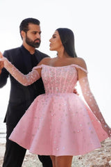 Glamorous Short Pink Cocktail Dresses Off-the-shoulder Glitter Prom Dress With Lace