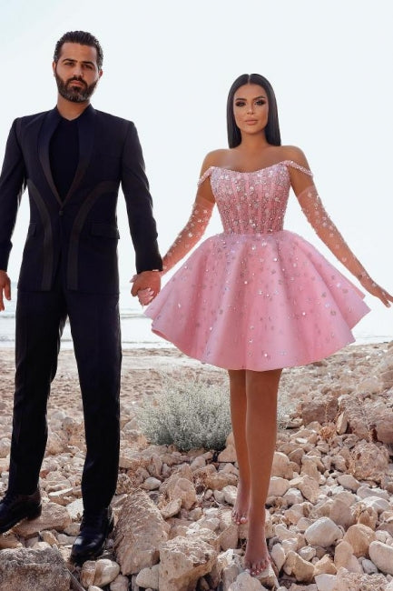 Glamorous Short Pink Cocktail Dresses Off-the-shoulder Glitter Prom Dress With Lace