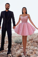 Glamorous Short Pink Cocktail Dresses Off-the-shoulder Glitter Prom Dress With Lace