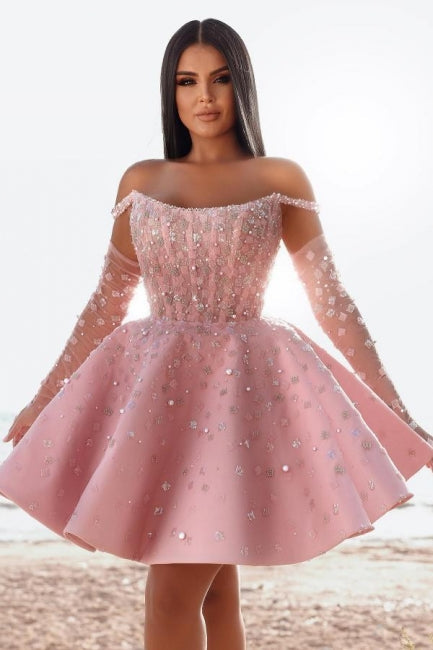 Glamorous Short Pink Cocktail Dresses Off-the-shoulder Glitter Prom Dress With Lace