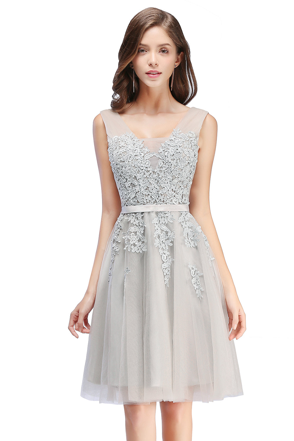 Glamorous Sleeveless Appliques Tulle Lace V-Neck Knee Length Dress