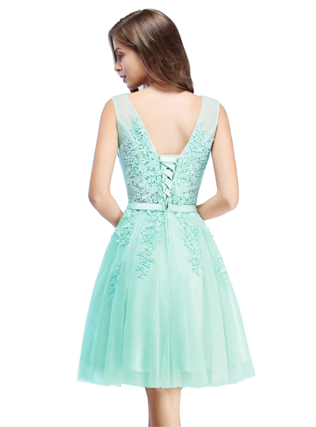 Glamorous Sleeveless Appliques Tulle Lace V-Neck Knee Length Dress