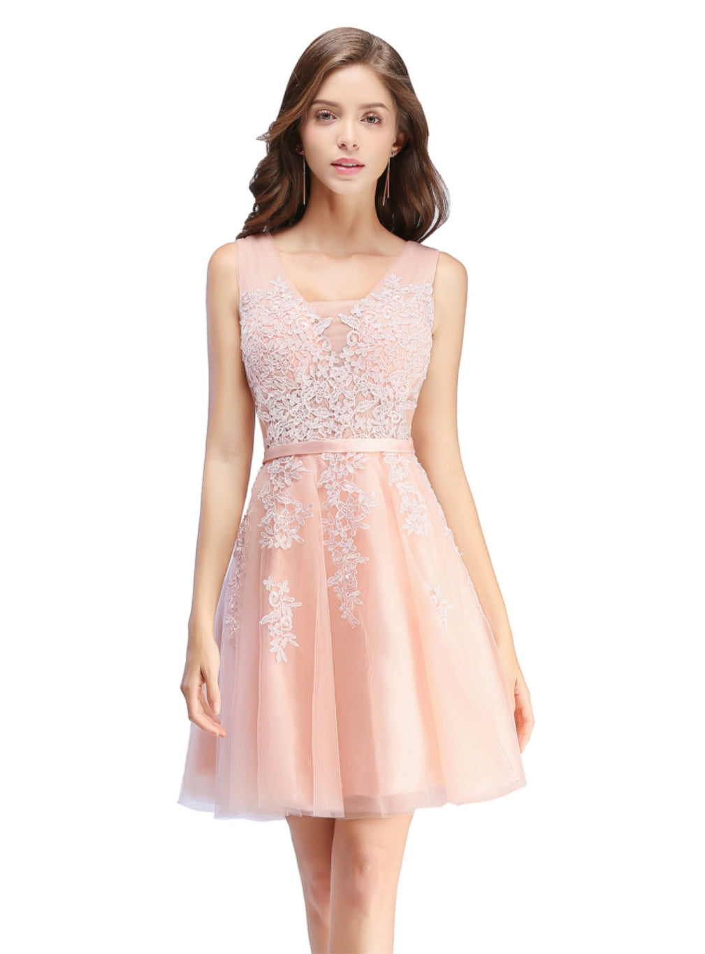 Glamorous Sleeveless Appliques Tulle Lace V-Neck Knee Length Dress