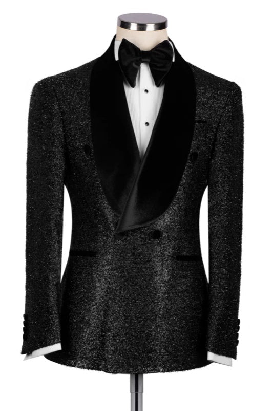 Godfery Black Sequined Double Breasted Wedding Suit With Velvet Shawl Collar