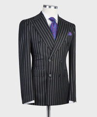 Godfrey Modern Black Striped Double Breasted Peak Lapel Business Suits for Men