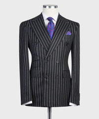 Godfrey Modern Black Striped Double Breasted Peak Lapel Business Suits for Men