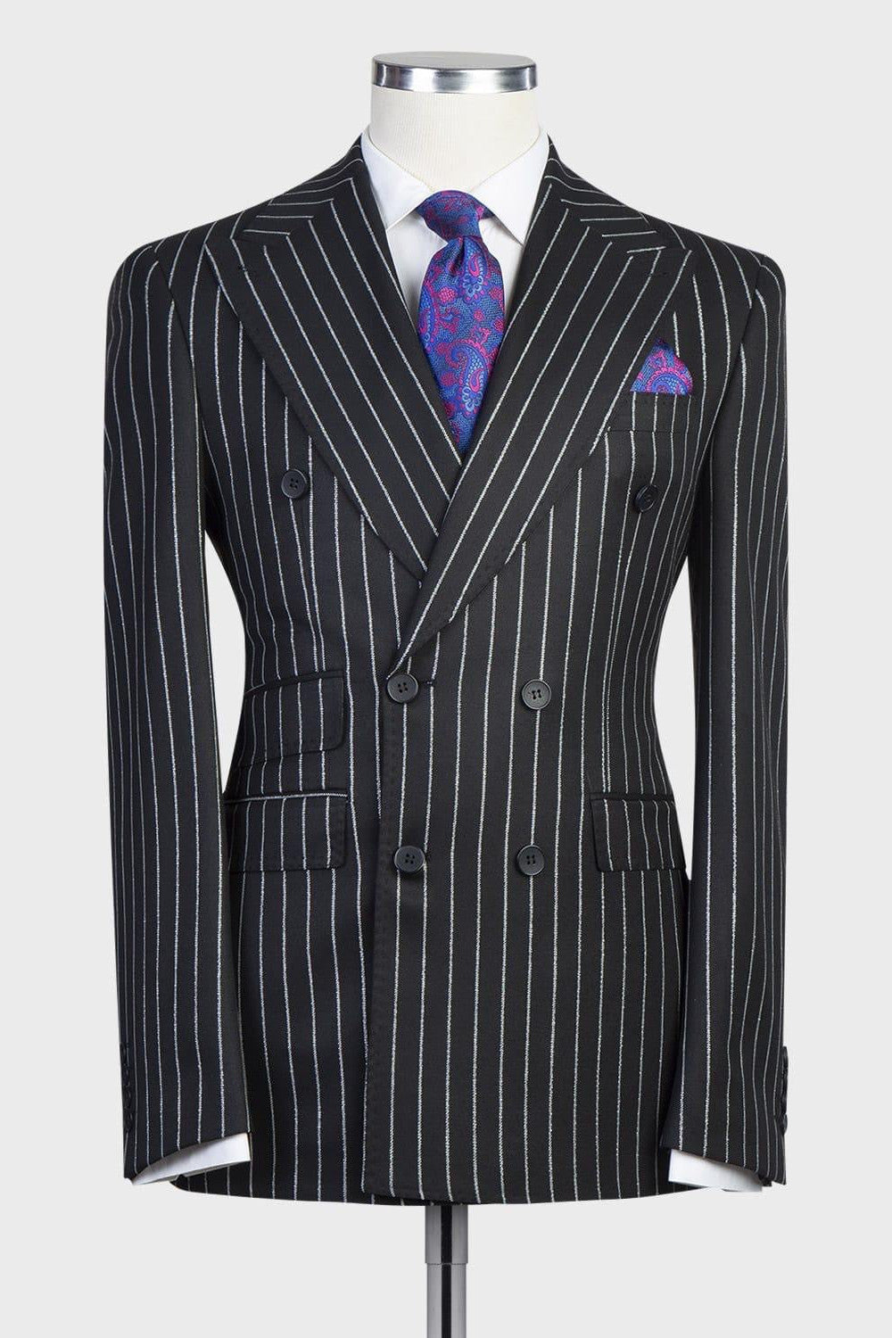 Godfrey Modern Black Striped Double Breasted Peak Lapel Business Suits for Men